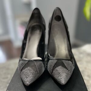 Adrianna Papell Black and Silver Mesh Heels